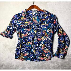 Express Silken Button Up Blouse Women's L Bold Floral Pattern Turquoise Pink Top
